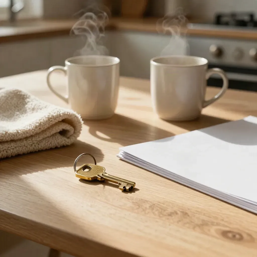 Family-home table with two mugs, folded blanket, brass key and sealed legal folder in warm daylight.