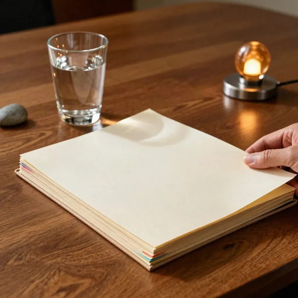 Open legal case file with water glass and paperweight on a walnut table