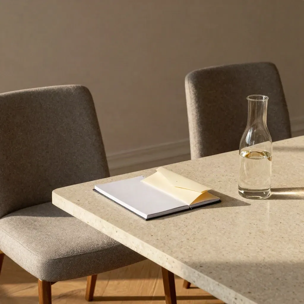 Two chairs face each other by a travertine table with notepad, terms envelope and glass carafe.