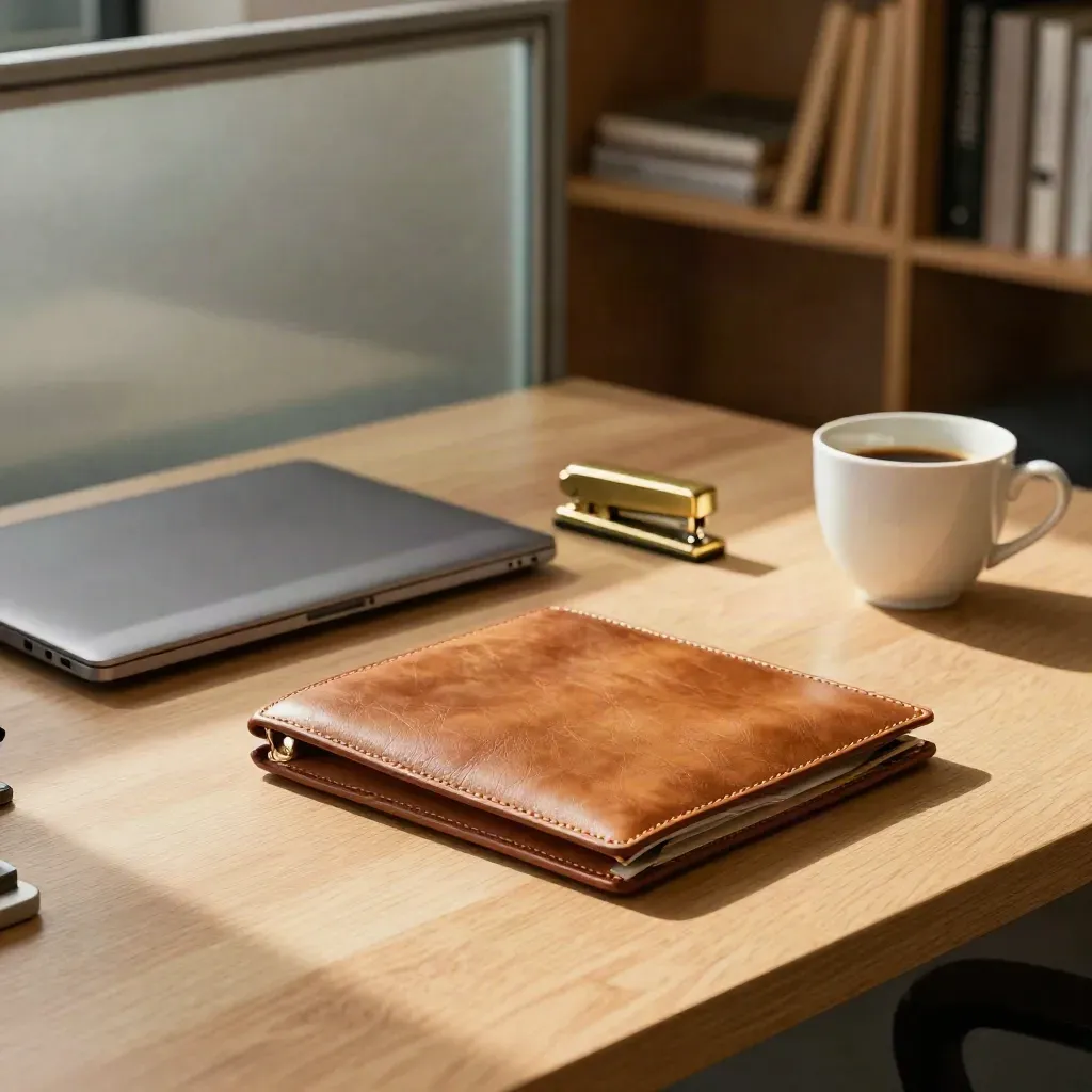 Small-business legal workspace with laptop, leather folio, brass stapler and coffee on oak desk.