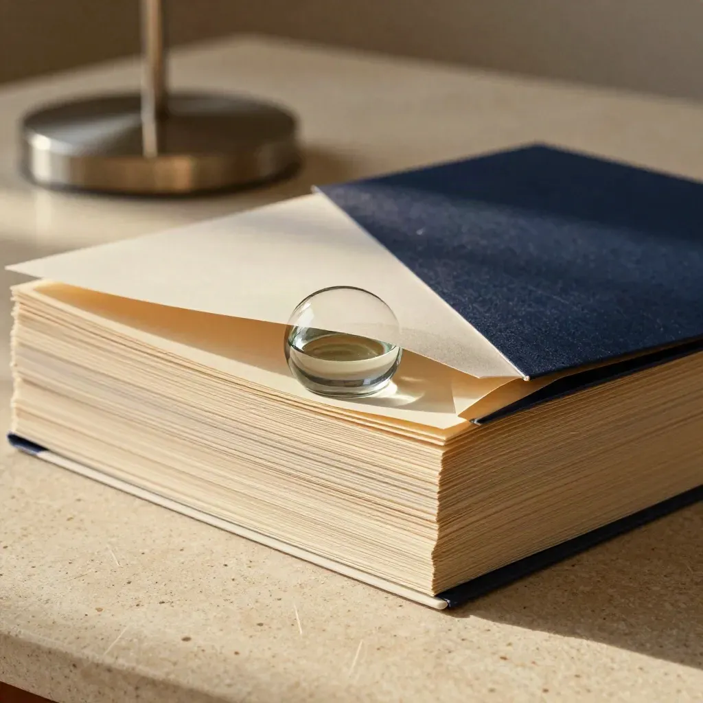 Cream paper stack under a glass weight, one page lifting beside a navy folder edge.