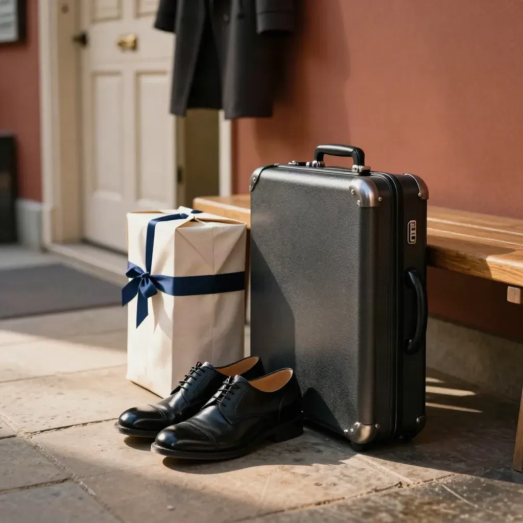 Polished shoes, hard case and tied court bundle by a hallway bench in warm morning light.