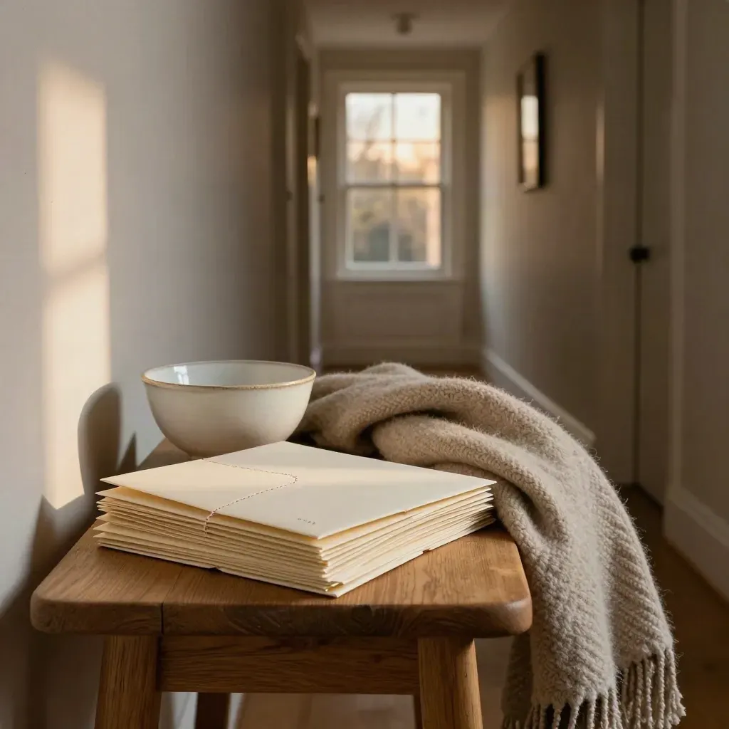 Hallway table with family correspondence, a ceramic bowl and draped scarf in twilight