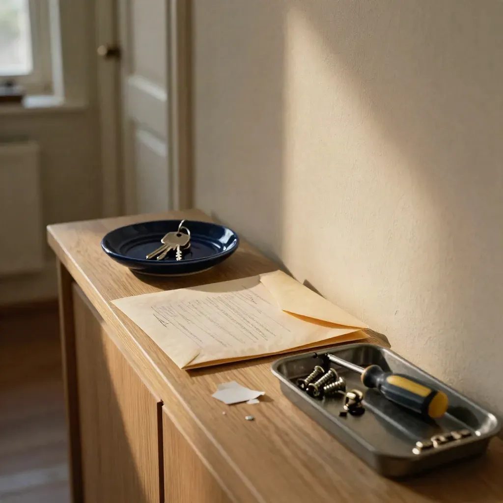 Key, notice envelope, and repair tray on a hallway console in soft evening light.