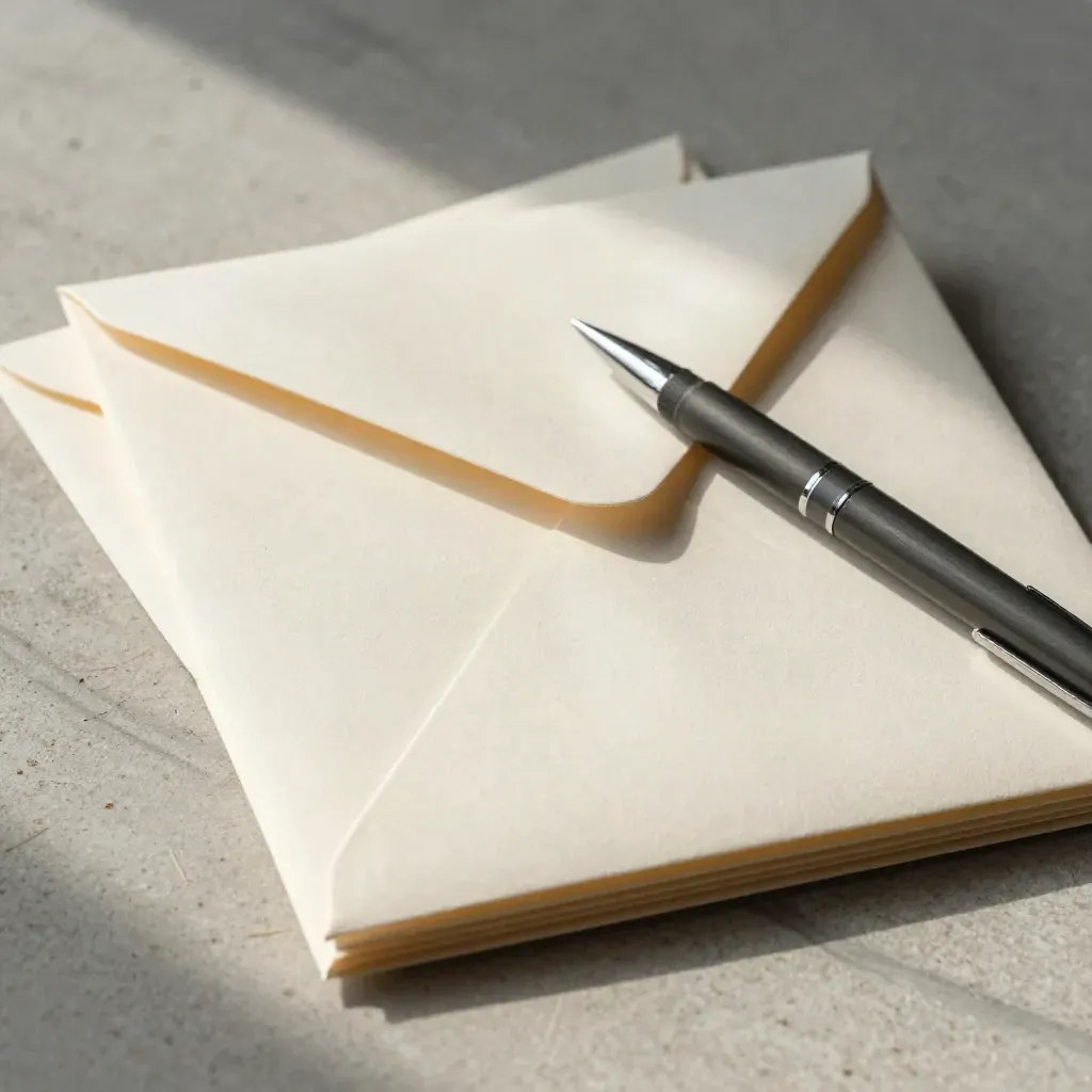 Top-down legal reply bundle with envelopes, folded ledger sheet and slate pen on pale stone.