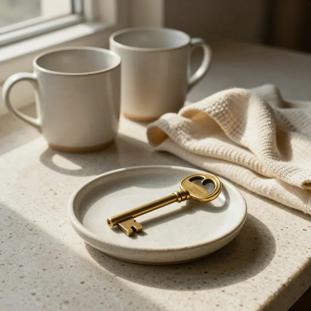 Brass house key on ceramic dish with mugs, cardigan and linen cloth