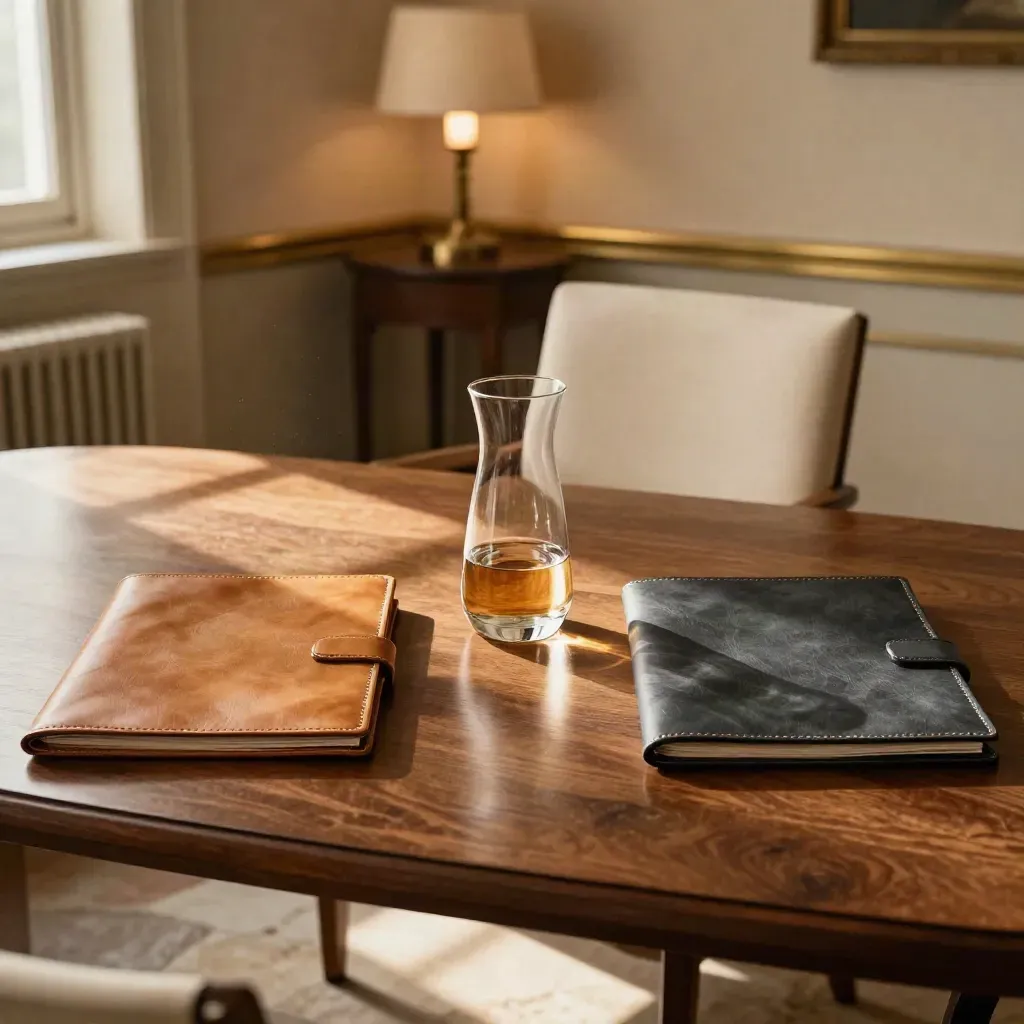 Settlement table with folders, carafe and pulled-back chair in warm afternoon light.