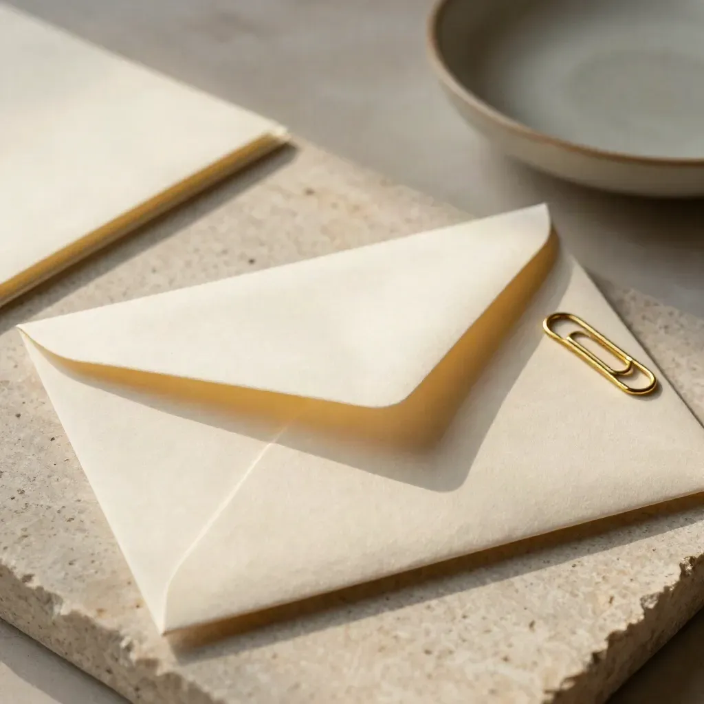 Cream envelope, brass paperclip and folded note on pale stone in soft daylight.