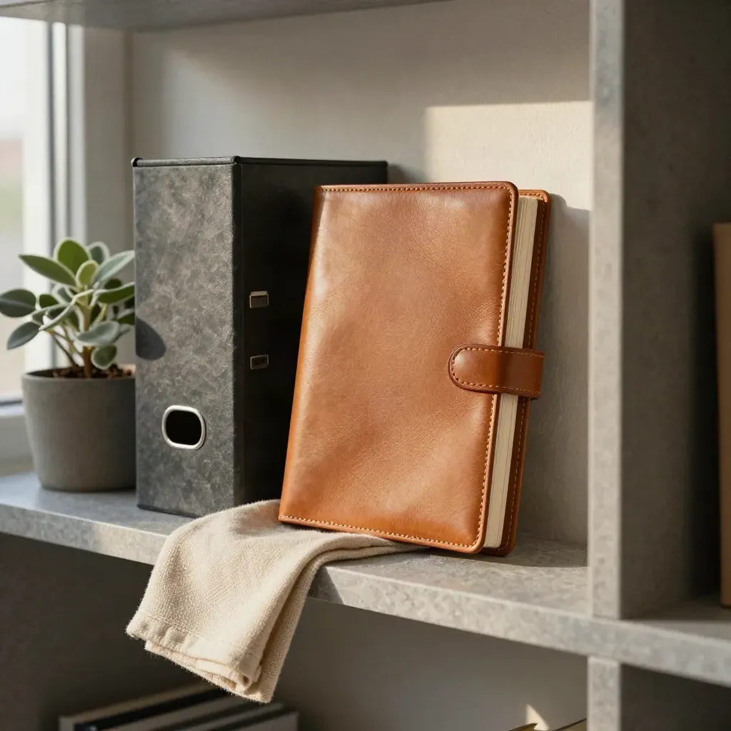 Office shelf still life with leather ledger, slate file box, and small plant.