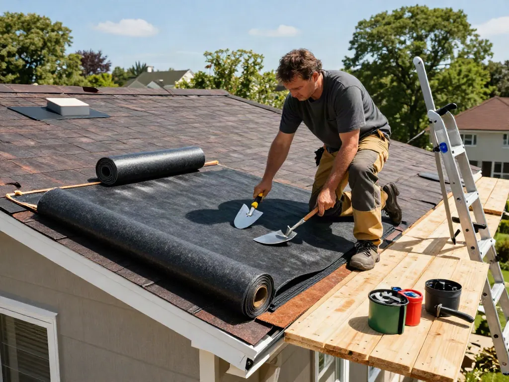 Felt roof replacement in progress with professional roofer applying modern roofing material.