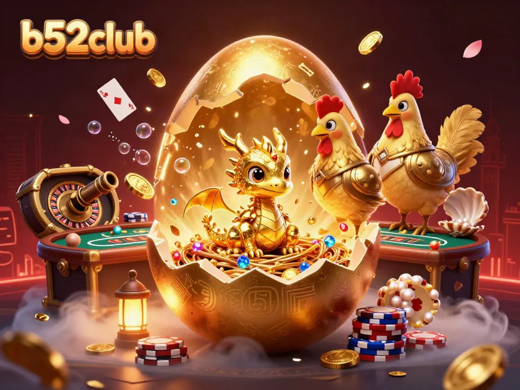 Experience thrilling wins at b52club with a golden egg dragon guarding poker chips in a vibrant casino setting.