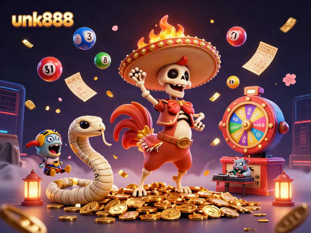 Join the fun at unk888 with a colorful lottery scene featuring dancing characters and vibrant game elements.