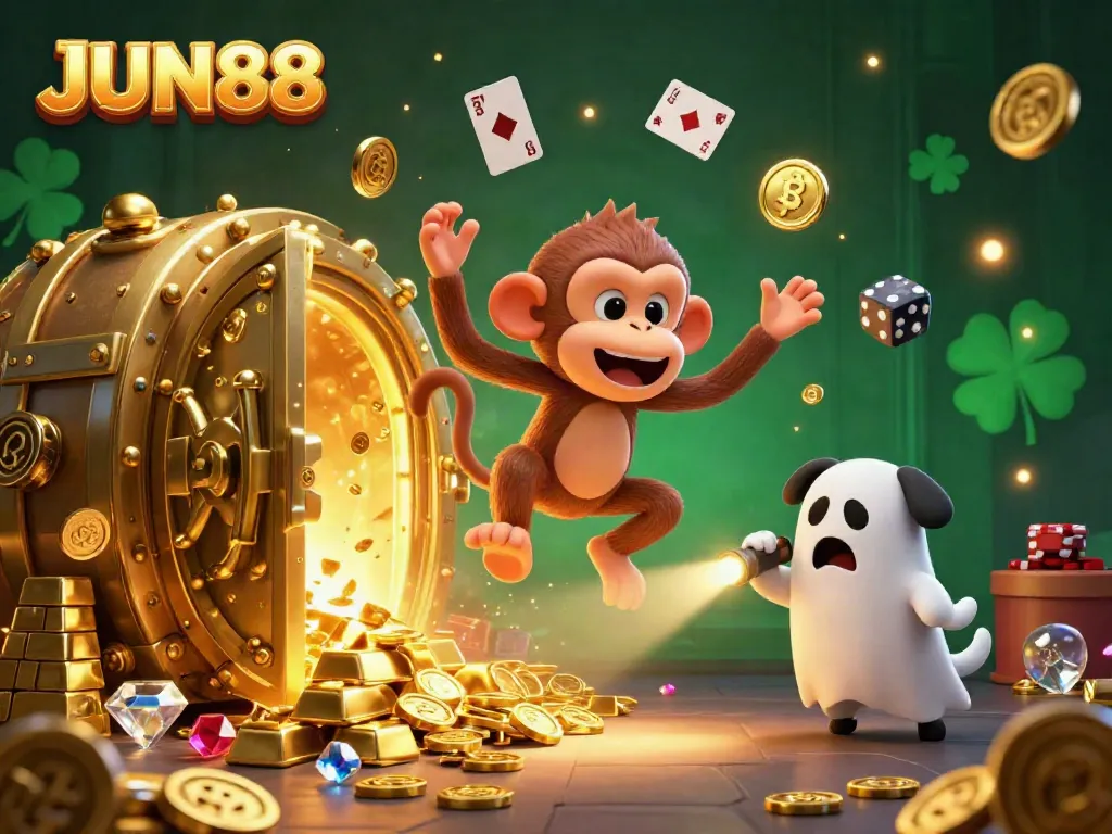 Experience the thrilling JUN88 casino with a poltergeist monkey juggling gold in a haunted scene.