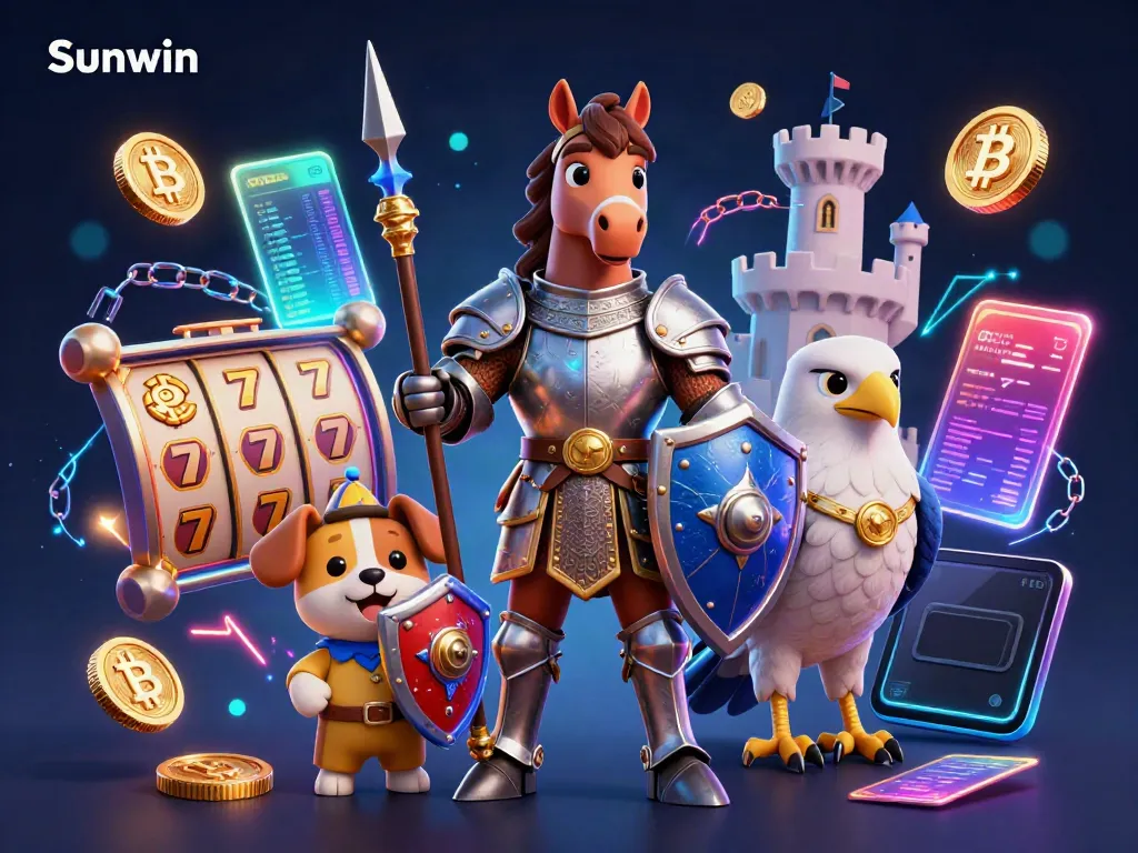 Engage with Sunwin in this vibrant 3D illustration showcasing casino gaming elements and medieval characters.