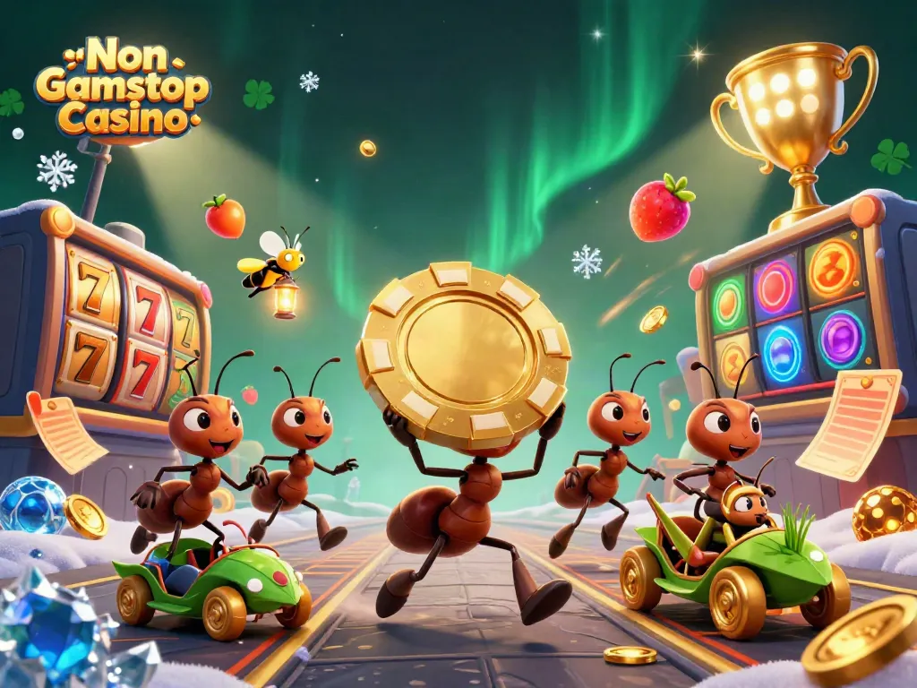 Engage with the Non Gamstop Casino adventure, featuring ants in a heist with golden chips and vibrant casino elements.