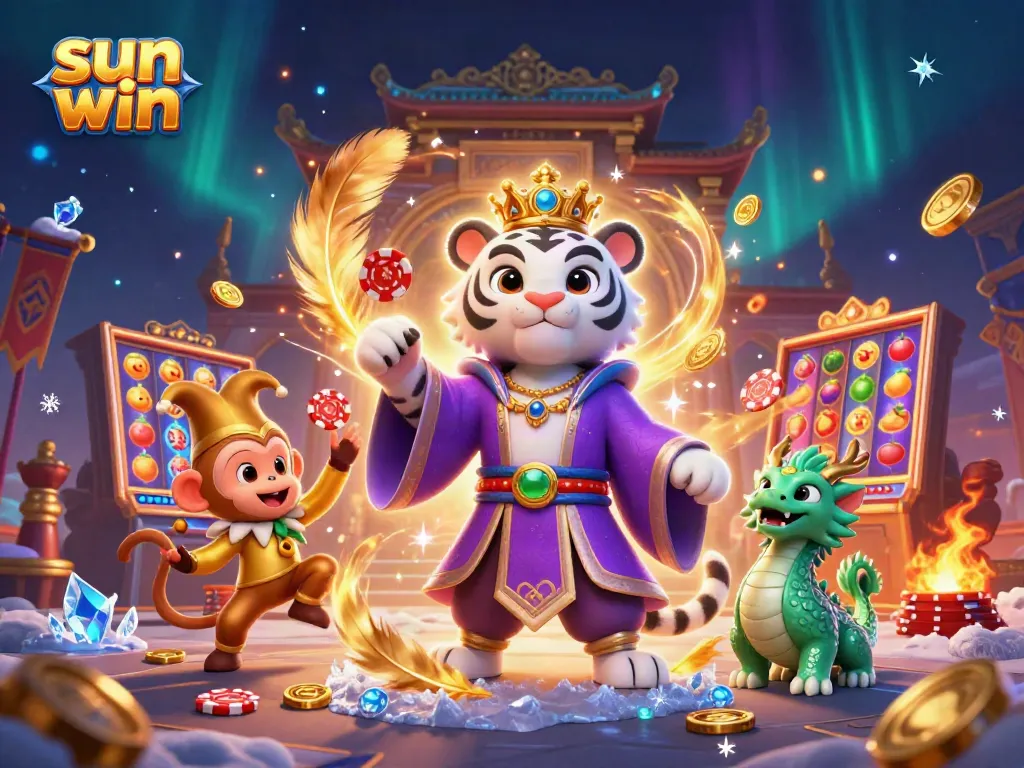 Engage in thrilling gameplay at sun win with dynamic illustrations of exciting slot machines and playful characters.