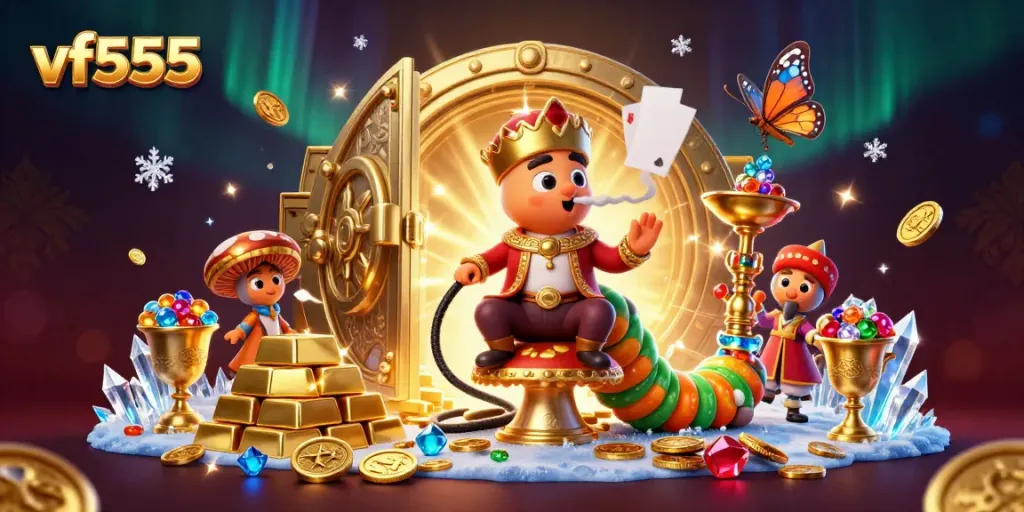 Engage with the exciting world of vf555 in a lavish 3D casino scene filled with gold and gems.