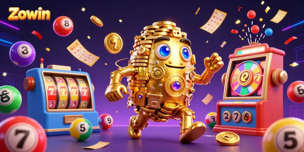 Experience thrilling wins at Zowin with vibrant slot reels and dynamic colorful lottery elements.