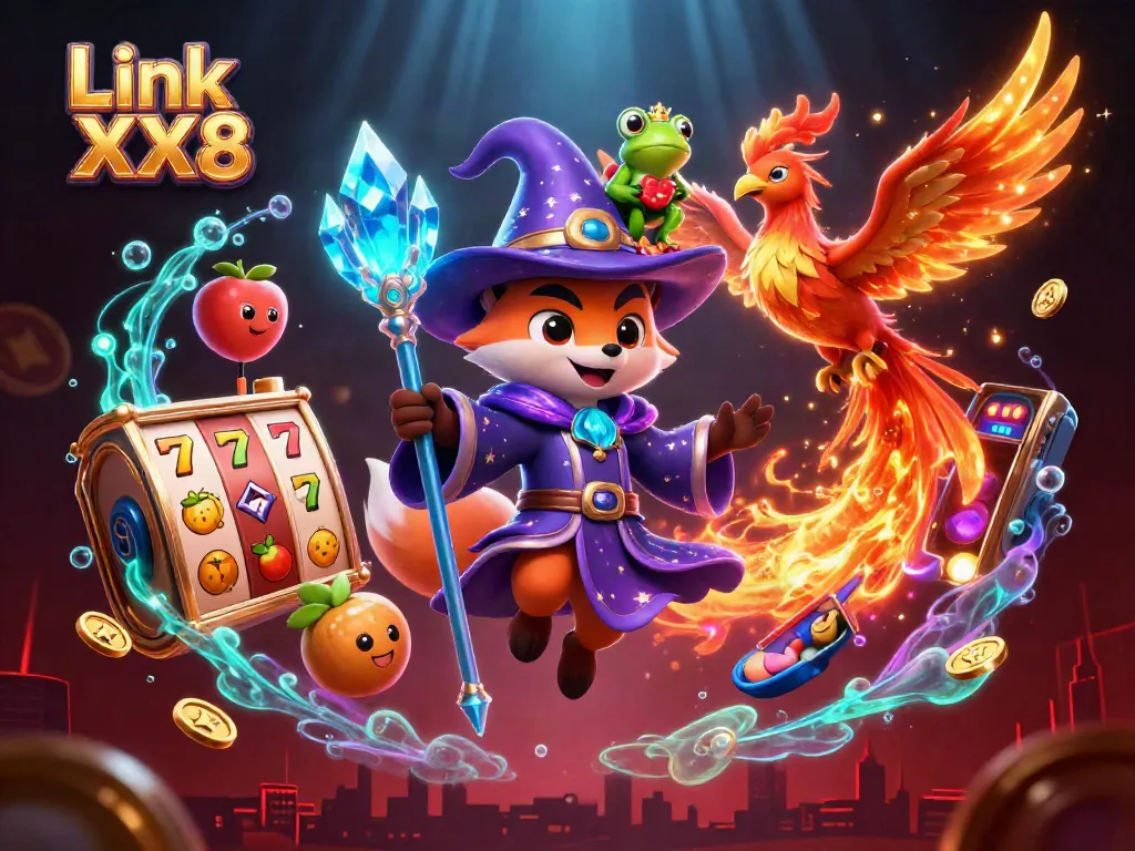 Experience the magic of Link XX8 with this vibrant casino scene featuring a mystical wizard fox and treasures.