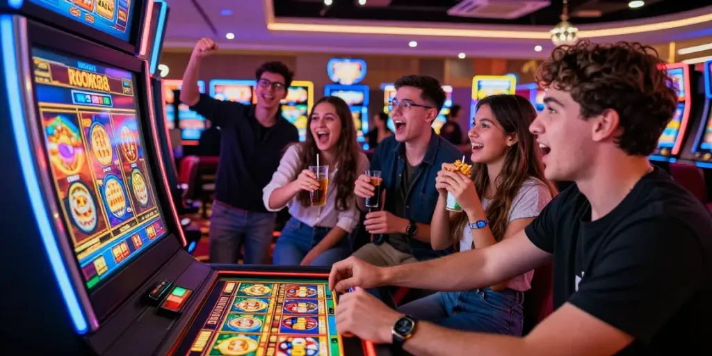 Friends enjoying a lively casino atmosphere while engaging in rokok88 slot login on a digital gaming machine, vibrant and exciting scene.