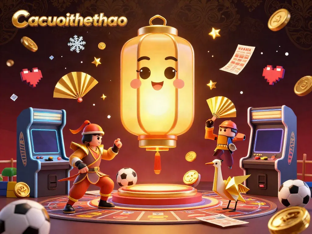 Experience the thrill of sports betting with Cacuocthethao's vibrant illustration, featuring a golden lantern spirit and dynamic game elements.