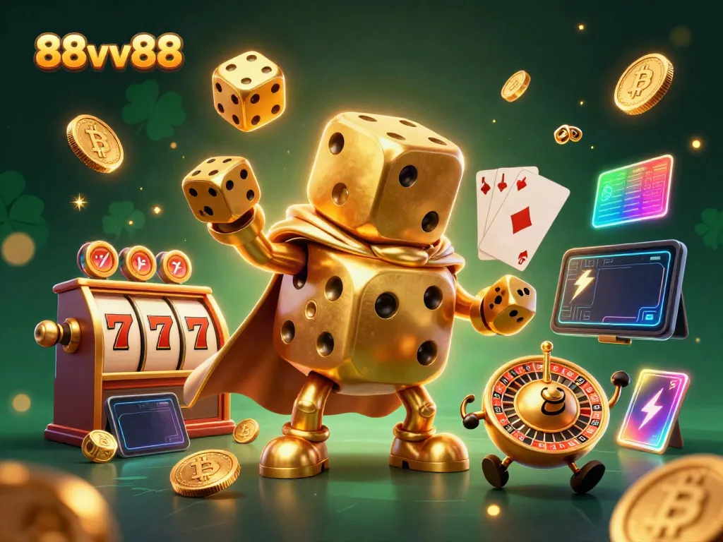 Experience the thrilling 88vv88 online casino with vibrant visuals of gaming icons and lively characters!