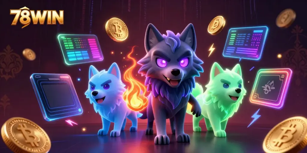 Engage with 78WIN's vibrant gaming scene, showcasing innovative crypto elements and charismatic wolf characters.
