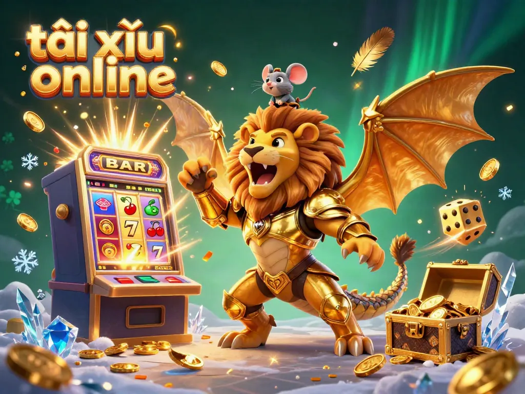 Experience the excitement of tài xỉu online with a dynamic 3D illustration featuring a golden chimera and casino elements.