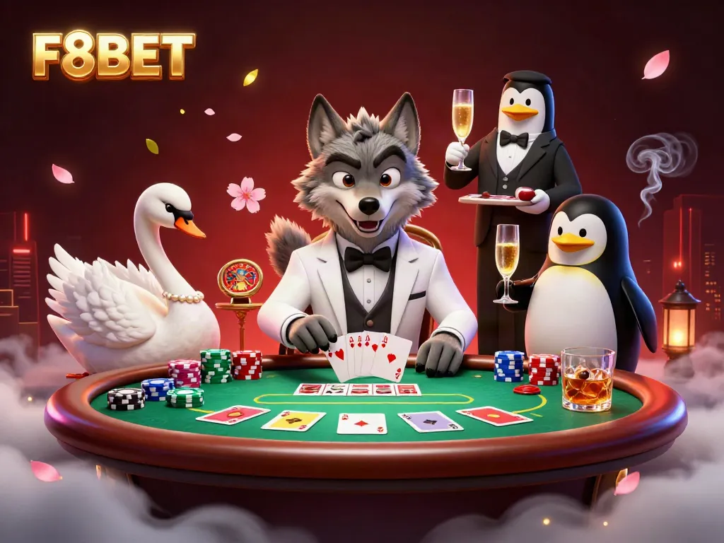 Experience the thrill of F8BET with a charming wolf, elegant swan, and penguin at the baccarat table.