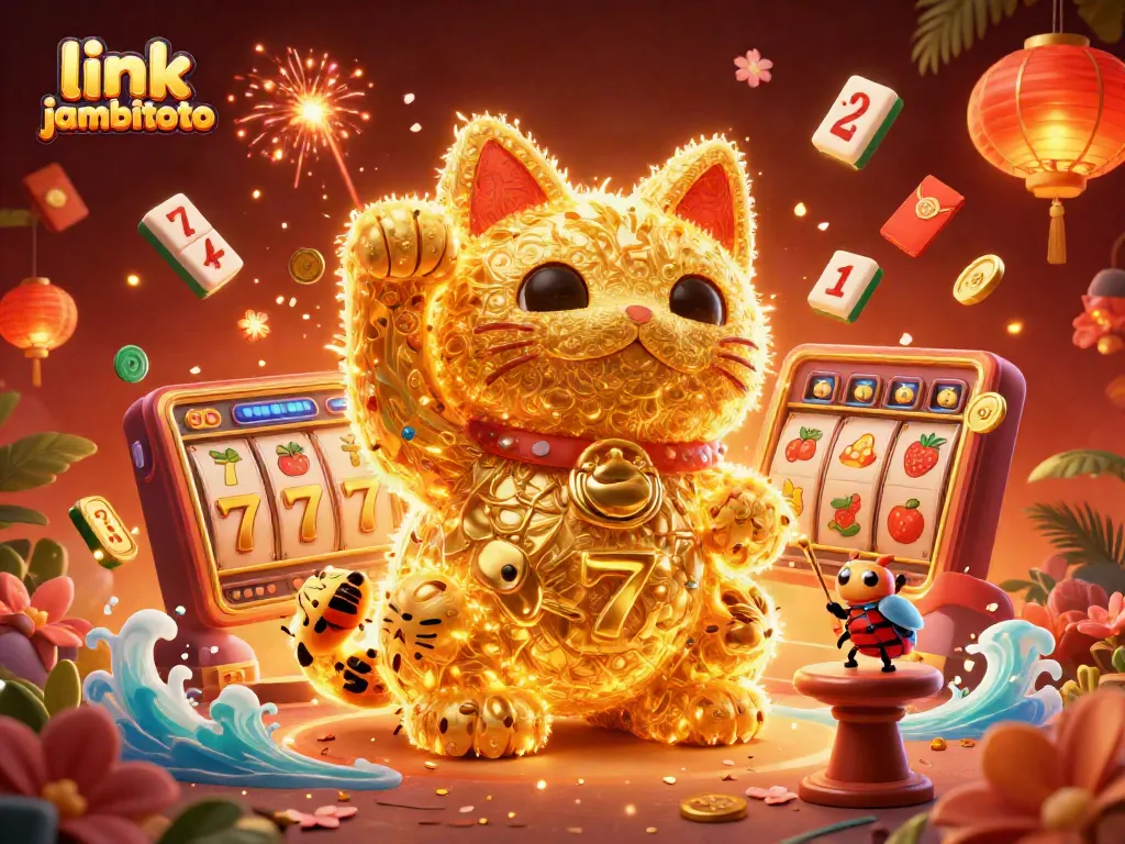 Experience link jambitoto with an enchanting 3D illustration of a lucky cat and casino symbols.