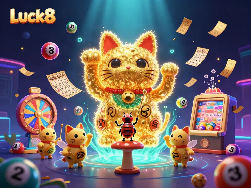 Luck8 introduces an energetic scene with a lucky cat and vibrant game elements, showcasing casino excitement.