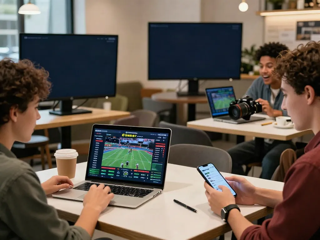 8kbet users enjoying online betting on laptops and mobile devices in a lively café atmosphere.