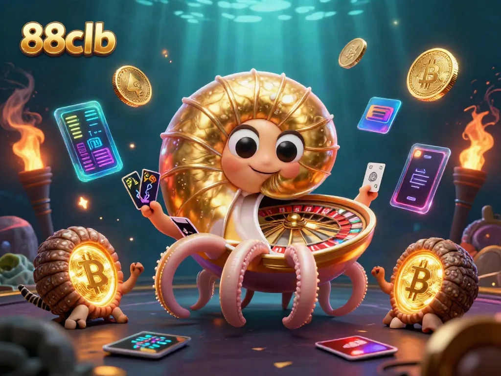 Experience vibrant gaming at 88clb with a giant nautilus roulette wheel amidst glowing coins.
