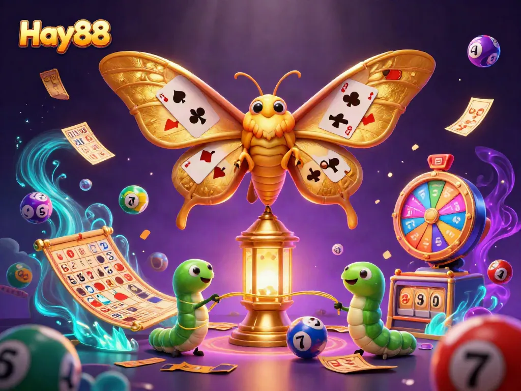 Engage with thrilling casino scenes featuring Hay88's mascot, a majestic atlas moth amid vibrant lottery balls and exciting game elements.