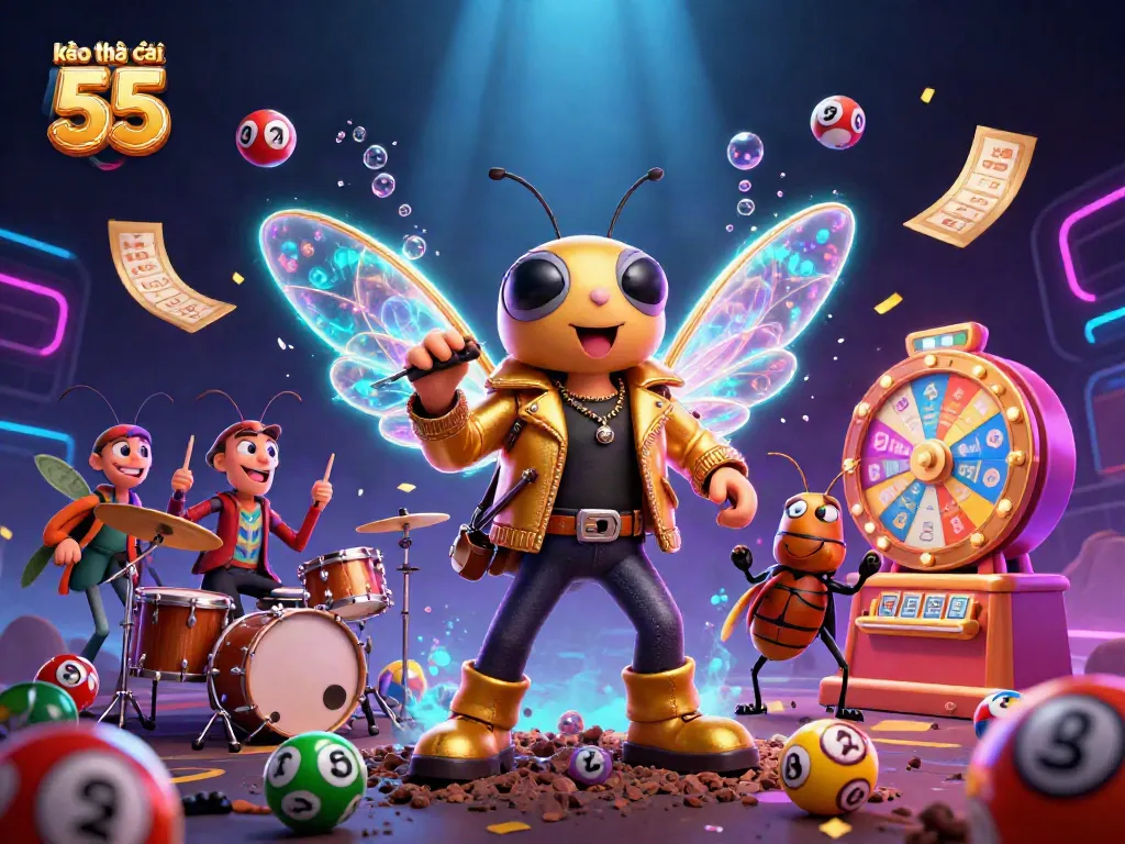 Engage with kèo nhà cái 55's vibrant animated scene featuring a rock star cicada and lottery elements.