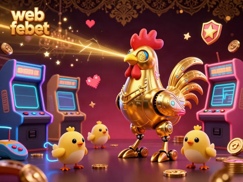 Engage with web febet's lively 3D illustration showcasing a futuristic rooster robot and arcade games.