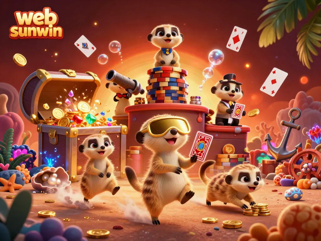 Experience thrilling gameplay at web sunwin with cartoon meerkats managing a casino in a vibrant underwater scene.