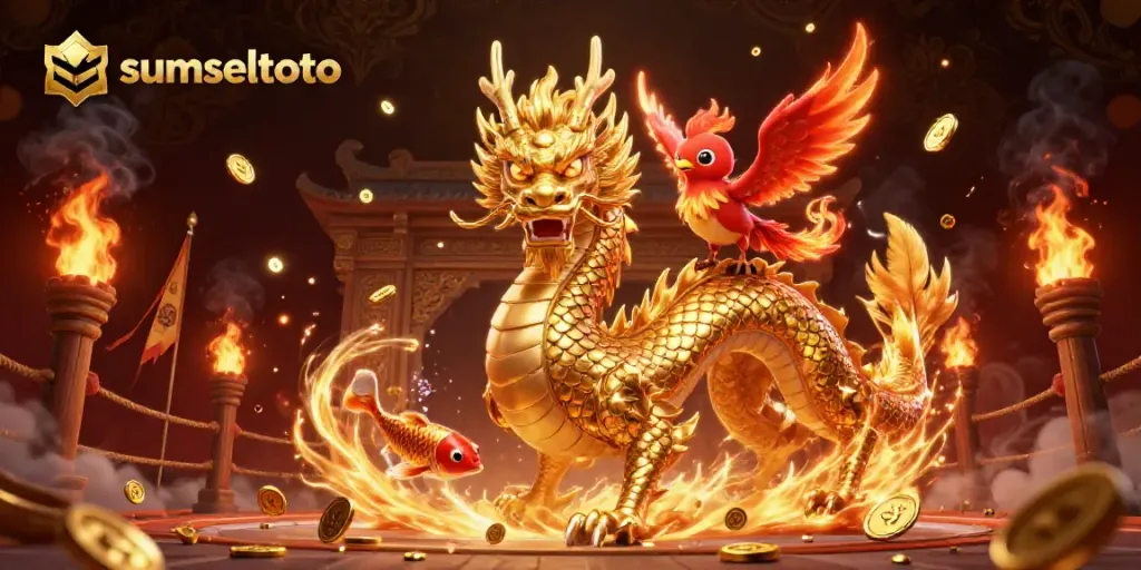 Engage with the thrilling action of sumseltoto in an epic 3D casino scene with a dragon, phoenix, and koi fish