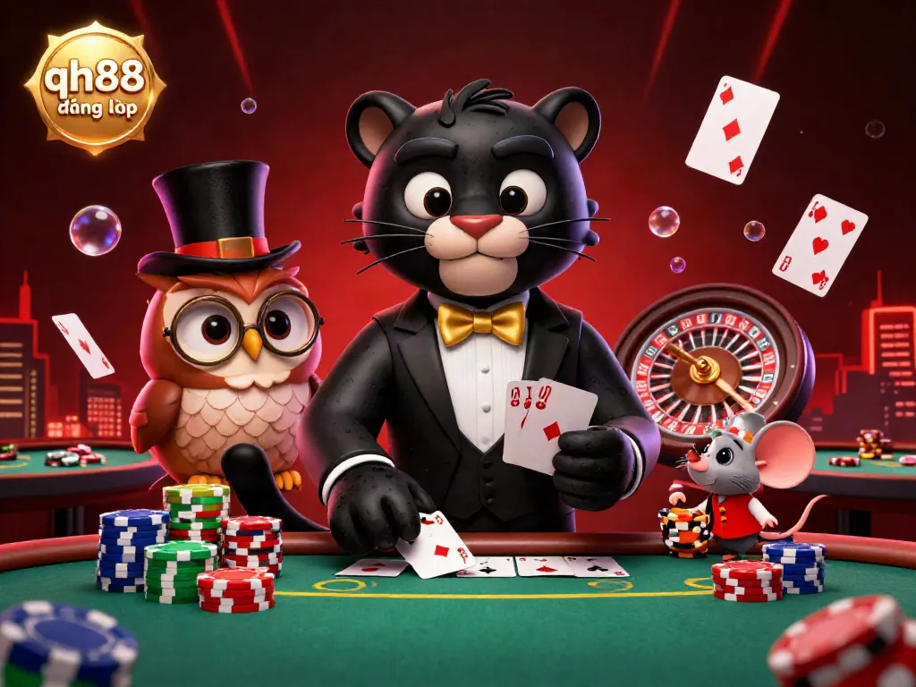 Experience the excitement of qh88 đăng nhập with a stylish black panther dealing cards among colorful chips and a dynamic casino backdrop.