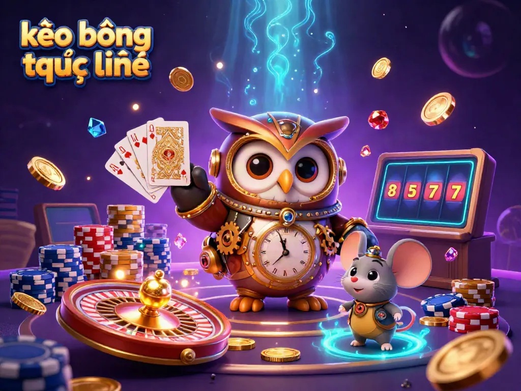 Engage with kèo bóng trực tuyến through a vivid 3D fantasy scene of sports betting featuring an owl and a mouse.
