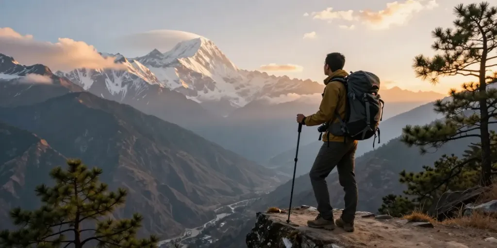 Vista de un viajero en el trek al Circuito de Manaslu, disfrutando de paisajes montañosos al atardecer.