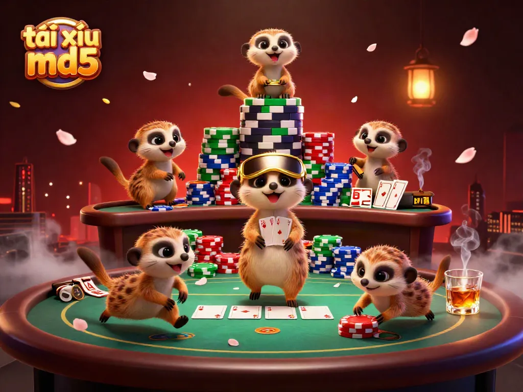 Experience the thrill of tài xỉu md5 with cartoon meerkats showcasing a vibrant casino operation.