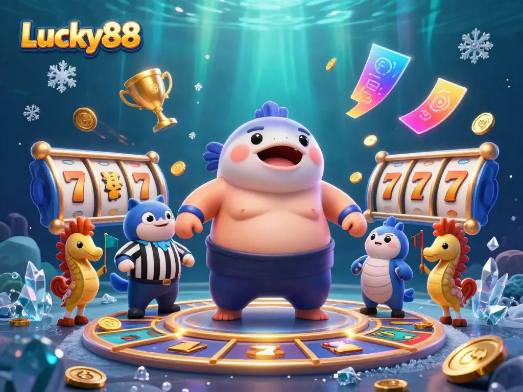 Engage in thrilling gameplay at Lucky88, featuring a playful fugu character, slot reels, and dynamic gambling elements!