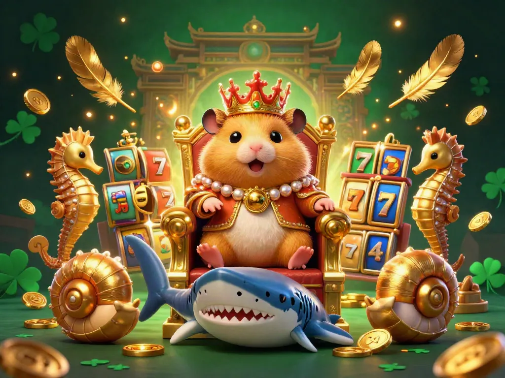 Experience vibrant gameplay with the golden hamster king on a shark throne in this slot online scene.