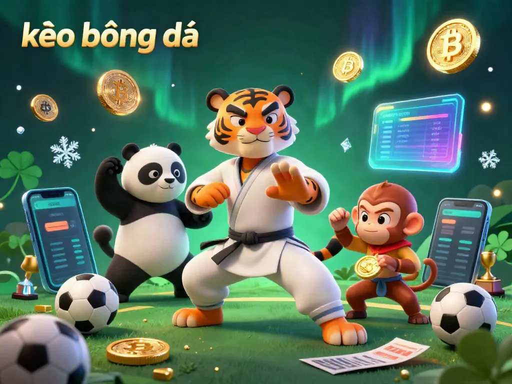 Engaging "kèo bóng đá" illustration depicting a kung fu tiger, a panda disciple, and a mischievous monkey surrounded by sports and betting elements.