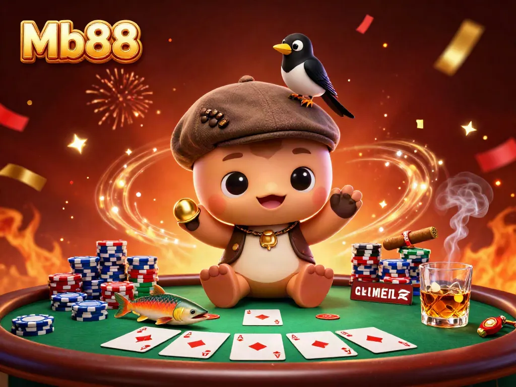 Play and win with Mb88 at a vibrant casino scene featuring Nessie and friends among cards and chips.