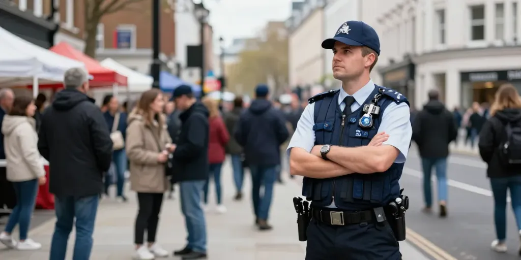 "Trusted security guard providing professional services at local community event in London."