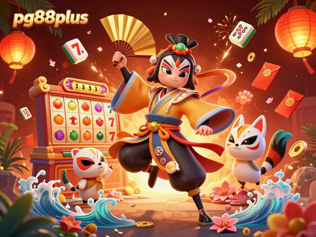 Experience the thrill of pg88plus with a vibrant 3D casino adventure featuring kabuki warriors and slot games.