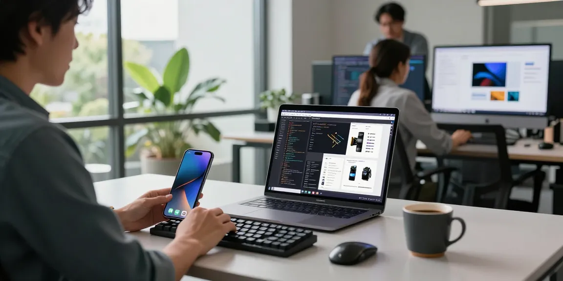 Professional workspace featuring a tri-fold phone alongside a laptop in a collaborative tech environment.