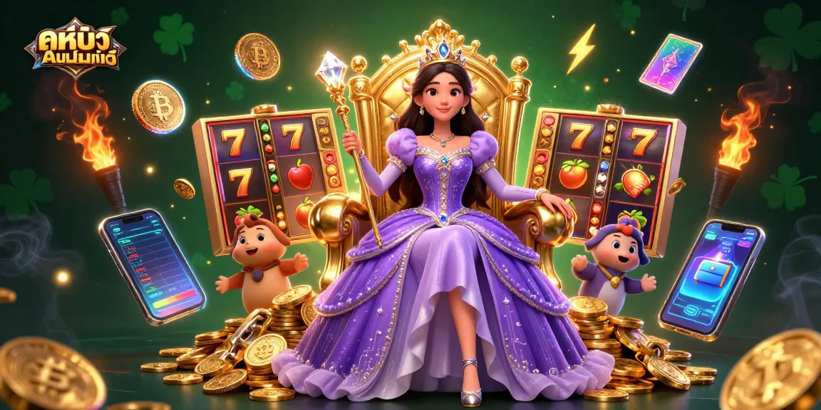 Experience ดูหนังออนไลน์ with exciting casino slot visuals and a regal character in a vibrant scene.